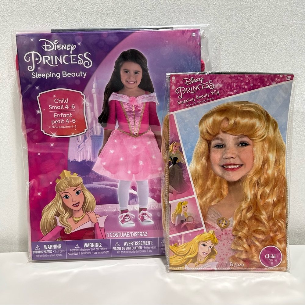 Disney Princess Sleeping Beauty Light Up Dress Costume w/ Wig NWT Sz Small 4-6